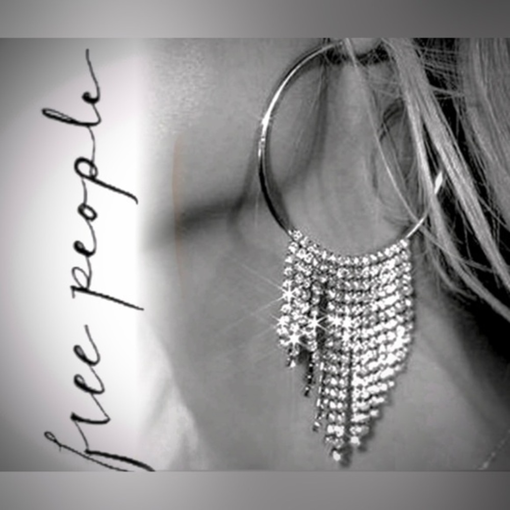 Nwt Free People Silver Crystal Tassle Hoop Earrings big statement